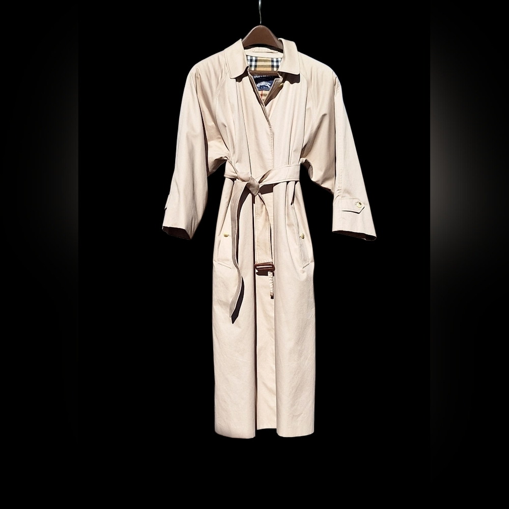 Vintage 80s Burberry Trench Coat Belted Mid Long Nova Check Single COA Womens 12 - Picture 2 of 16